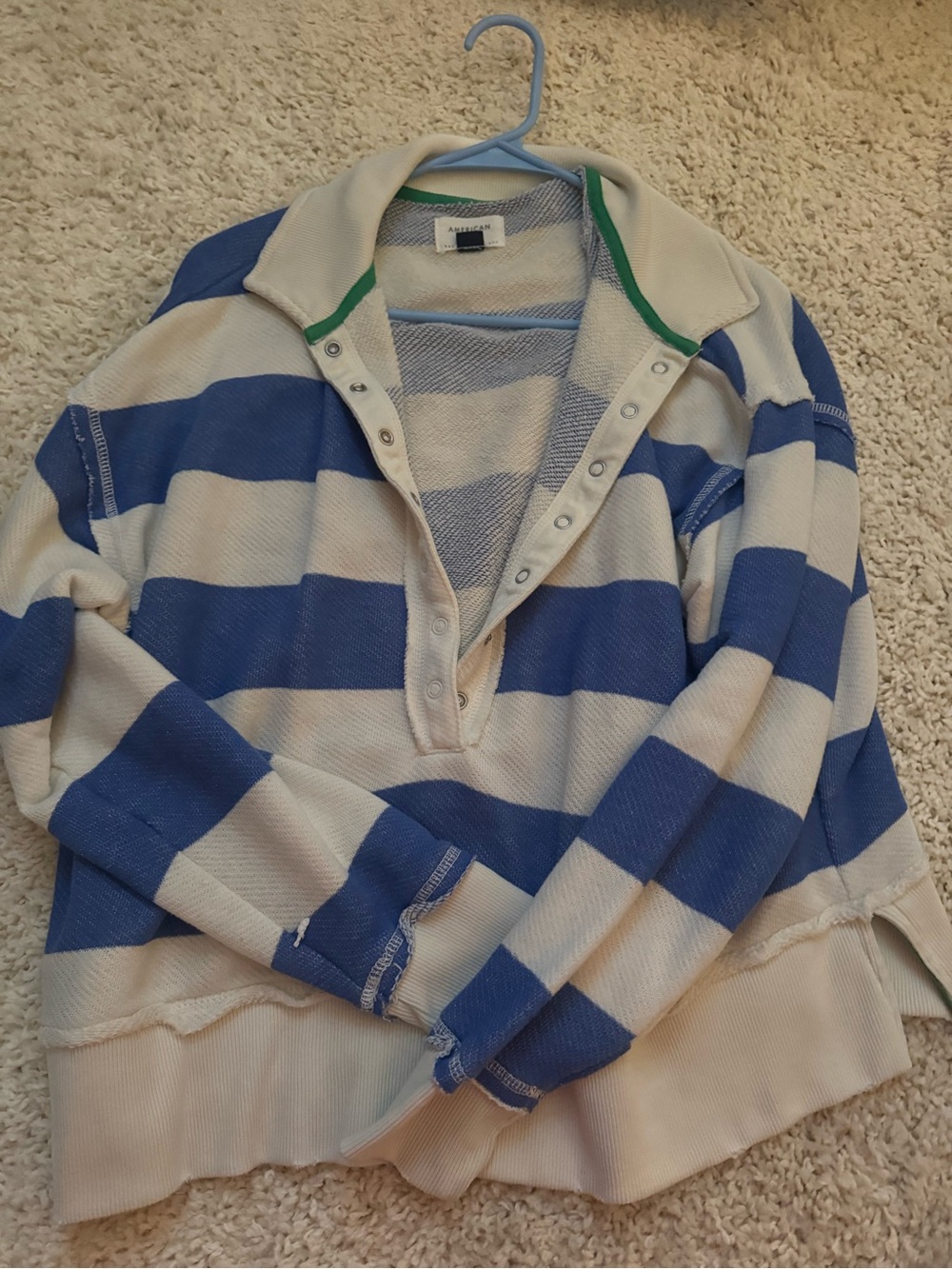 American Eagle Outfitters Blue and Cream Striped Polo-Snap Sweater